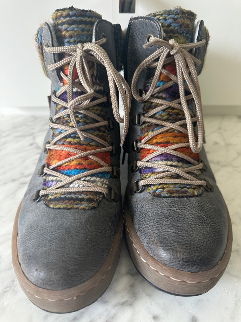 Rieker Gray Leather Ankle Boots with Multicolor Knit Tongue